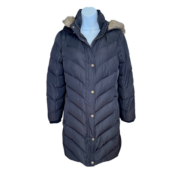 Banana Republic Factory black faux fur hood puffer winter coat size medium - Picture 1 of 9